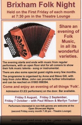 Brixham Folk Night - Friday 5 August 7.30 pm in the Theatre Lounge Bar