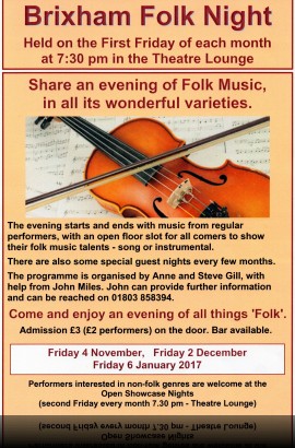Brixham Folk Night - Friday 2 December 7.30 pm in the Theatre Lounge Bar