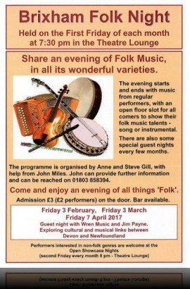 Brixham Folk Night - Friday 3 February 7.30 pm in the Theatre Lounge Bar