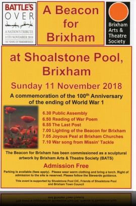 A Beacon for Brixham - 'Battle's Over' commemoration - Sunday 11 November at Shoalstone Pool from 6.30 pm