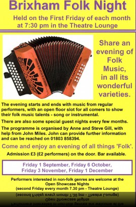 Brixham Folk Night - Friday 6 October 7.30 pm in the Theatre Lounge Bar