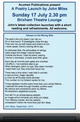 A Poetry Launch by John Miles - Sunday 17 July 2.30 pm