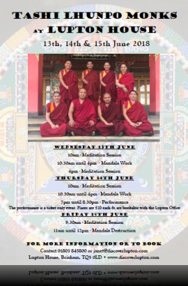 Tibetan Monks residency at Lupton House - Wednesday 13 to Friday 15 June 2018